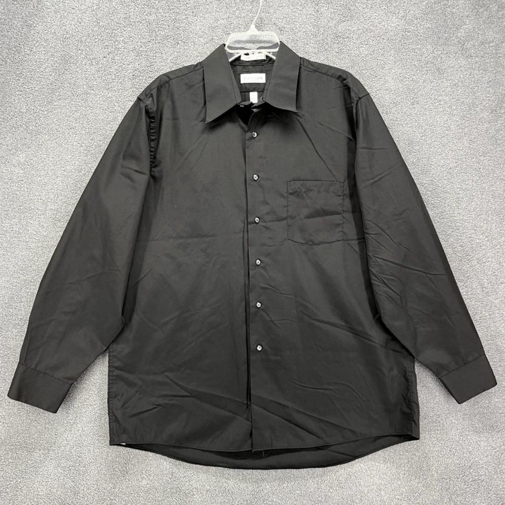 Van Heusen Shirt Mens 17 XL 34 35 Black Button Up Poplin Regular Fit Long Sleeve